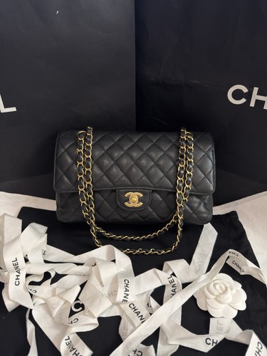 Chanel Claasic Flap MM CHAIN Shoulder Crossbody Bag Black Gold Hardware