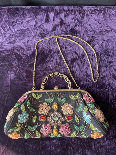 Markenlos Art Deco Stil Perlen Strass Handtasche Clutch Floral