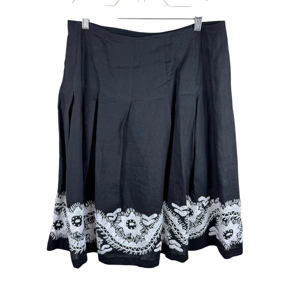 Isda & Co 100% Lino Negro Blanco Bordado Hasta la Rodilla Línea A Falda Plisada 8 Foto 2 de 4