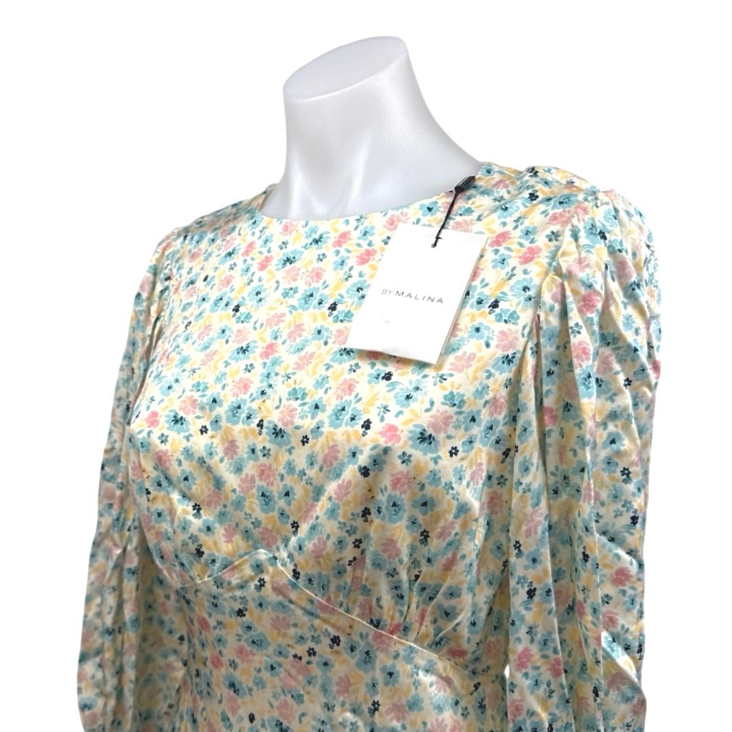 NEW Malina Alize Multicolor Satin Floral Long Puff Sleeve Maxi A-line Dress XS