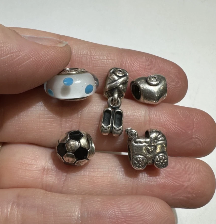 PANDORA Ale Argento 925 Murano Vetro Calcio Sfera Balletto Cuore Baby5 Charm Lot - Immagine 2 di 4