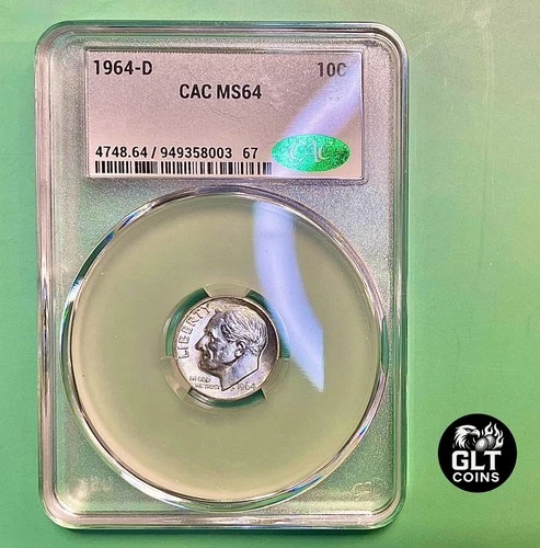 1964-D 90% Silver Dime ✦ CAC MS64 ✦ Gem BU