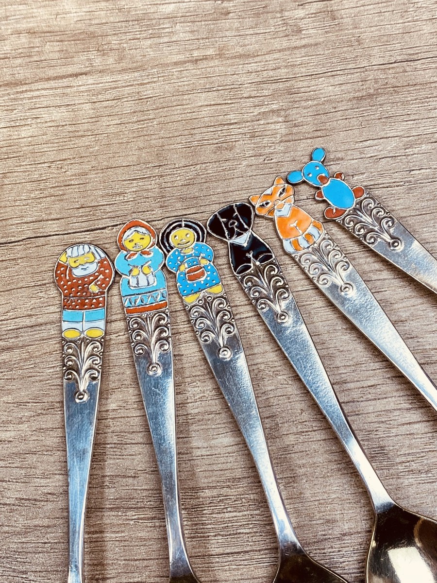 Vintage SILVER PLATED SET 6 Tea spoons Enamel Melchior cupronickel