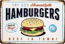 Home Style Hamburgers 25 Cents Tin Sign All Metal Sizes up to 12 x 18