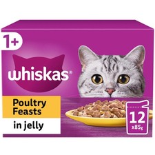 48 x 85g Whiskas 1+ Poultry Feasts Mixed Adult Wet Cat Food Pouches in Jelly 5.27 per kilo