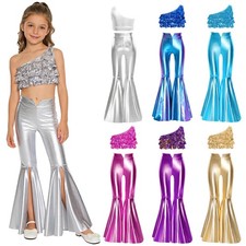 Kids Girls Outfits Ballroom Dancewear Ruffle Hem Costume Hip Hop Set Shiny Jazz