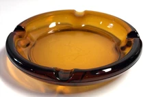 Vintage Amber Glass Cigar Cigarette Ashtray 4 Rests 8" Round MCM Trinket Dish