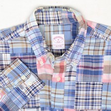 Brooks Brothers Patchwork Madras Shirt Mens M Blue Pink Plaid Cotton Long Sleeve