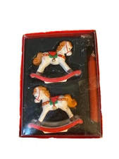 Vintage 1987 ROCKING HORSE Candle Holders Hand Crafted Ceramic Christmas 