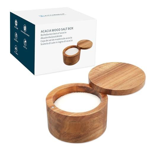 KITCHENDAO Acacia Wood Salt Cellar Bowl Box, Elegant Kitchen Acacia(No Spoon) - Picture 1 of 6
