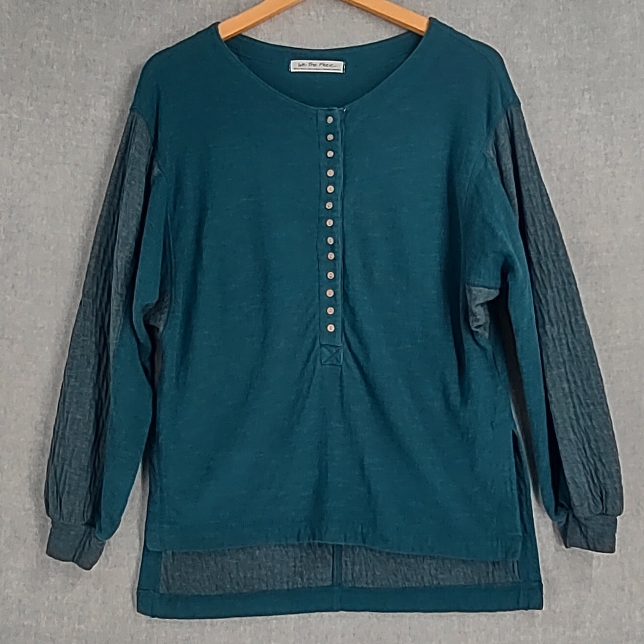 We the Free People Top Women XS Teal Rib Waffle Henley Oversized Hi-Lo Dolman