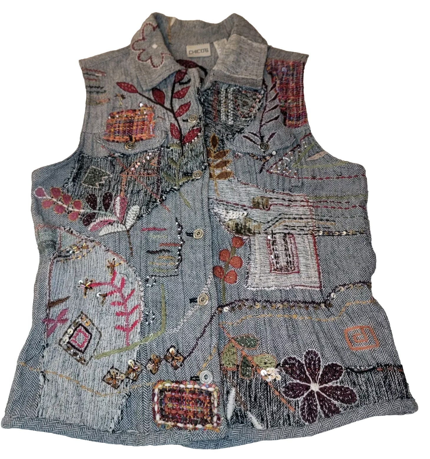 Chicos Vest Small Patchwork Embroidered  Sashiko … - image 1