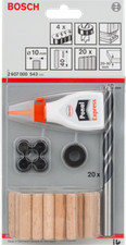 Zestaw kołków drewnianych Bosch, 27 szt., 10mm, klej 40mm, kołki, wiertło do drewna, długopis centrujący kołki