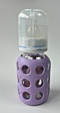 NEW Life Factory Reusable Glass Baby Bottle 4oz w/ Stage 1 Nipple Purple Sleeve