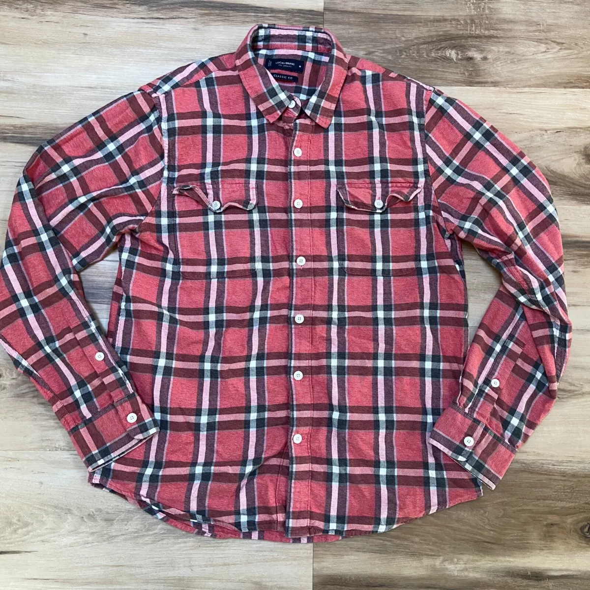 Lucky Brand Shirt Mens Medium Red Pink Plaid Flannel Classic Fit Button Up