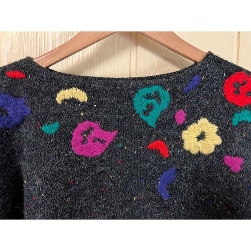 Maglione vintage donna lana media ricamo floreale anni 90 Y2K grigio preppy spargo - Foto 2 di 10