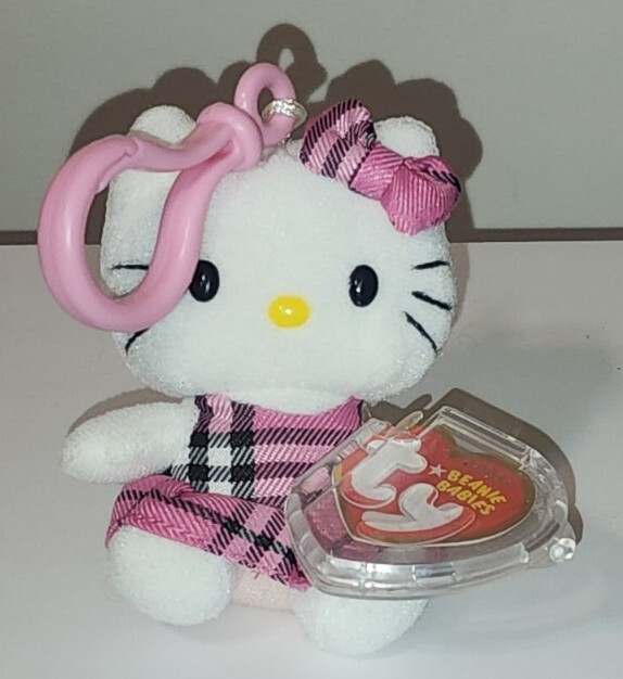 Ty Beanie Baby HELLO KITTY PINK TARTAN PLAID OVERALLS Key Clip 3