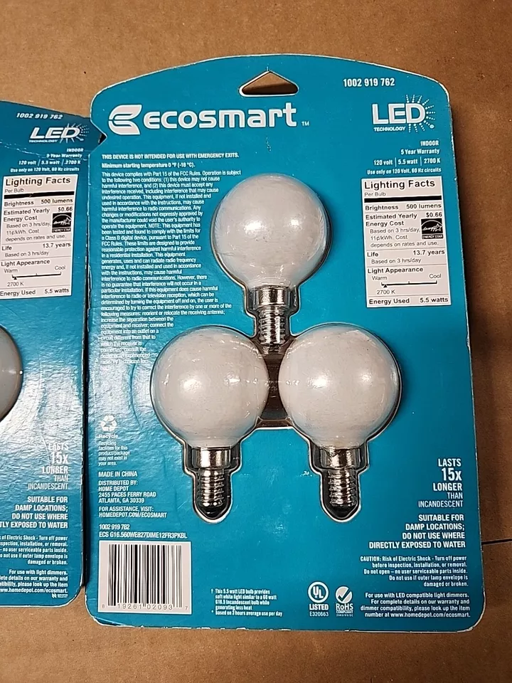NEW EcoSmart 6-pk 60W G16.5 LED Bulb E12 Candelabra Soft White 2700K Dimmable - Image 4 of 4