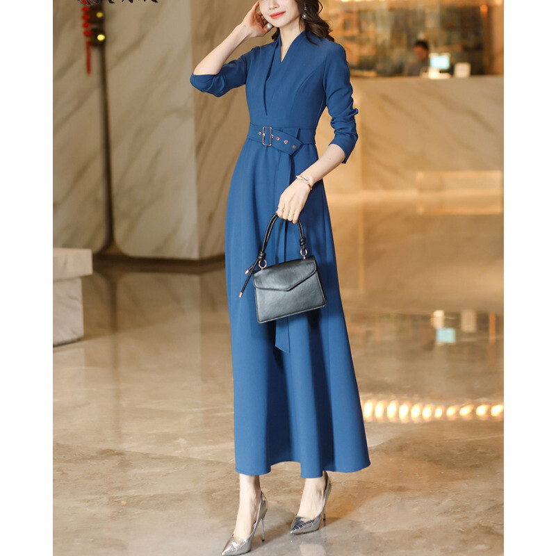 Summer Women Solid Color Grace Professional Dress V-neck Long Sleeve ...