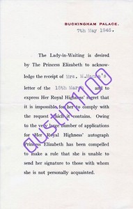 Scarce Princess Elizabeth 1946 Buckingham Palace Rejection Letter