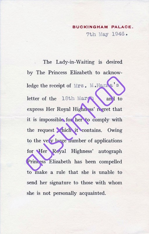 Scarce Princess Elizabeth 1946 Buckingham Palace Rejection Letter