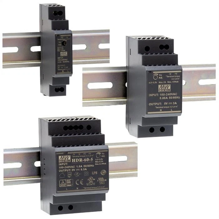 Din-Rail power supply MeanWell HDR-series ; panel mount switching power supplies