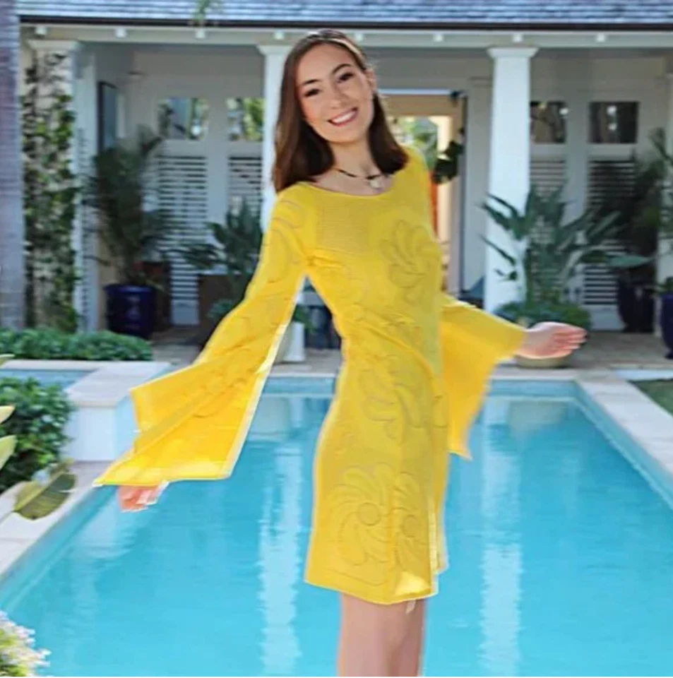 Vestido de sol boho hippie vintage amarillo manga campana crochet pequeño Foto 2 de 4