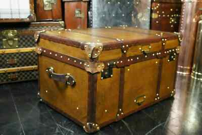 Handmade Vintage Tan Leather Coffee Table Chest Trunk with Antique leather Trim
