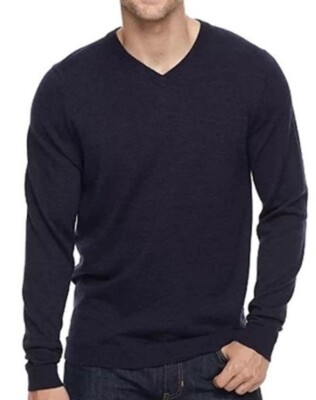 Men's V-Neck Sweater Slim-Fit Merino Wool Blend Long Sleeves Dark Purple NWT