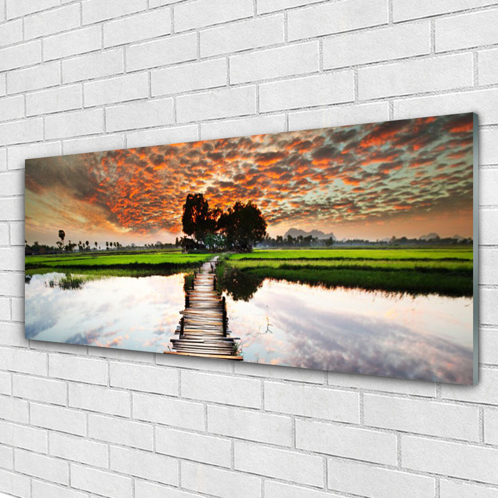 Tableau de paysage lac 125x50 cm sur verre pour agrandir une piece
