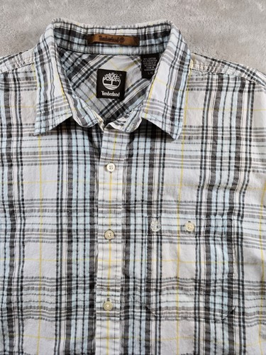 Timberland Men's Short Sleeve Button Up Plaid Shirt Size Large Pocket Logo - Picture 3 of 8
