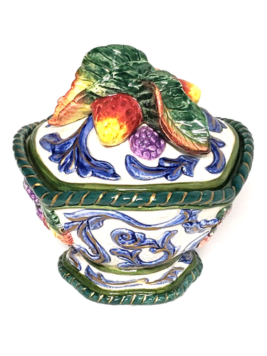 Fitz and Floyd florentinische Süßigkeitenschüssel/Geschirr mit Deckel Erdbeeren Beeren bunt - Bild 5 von 8