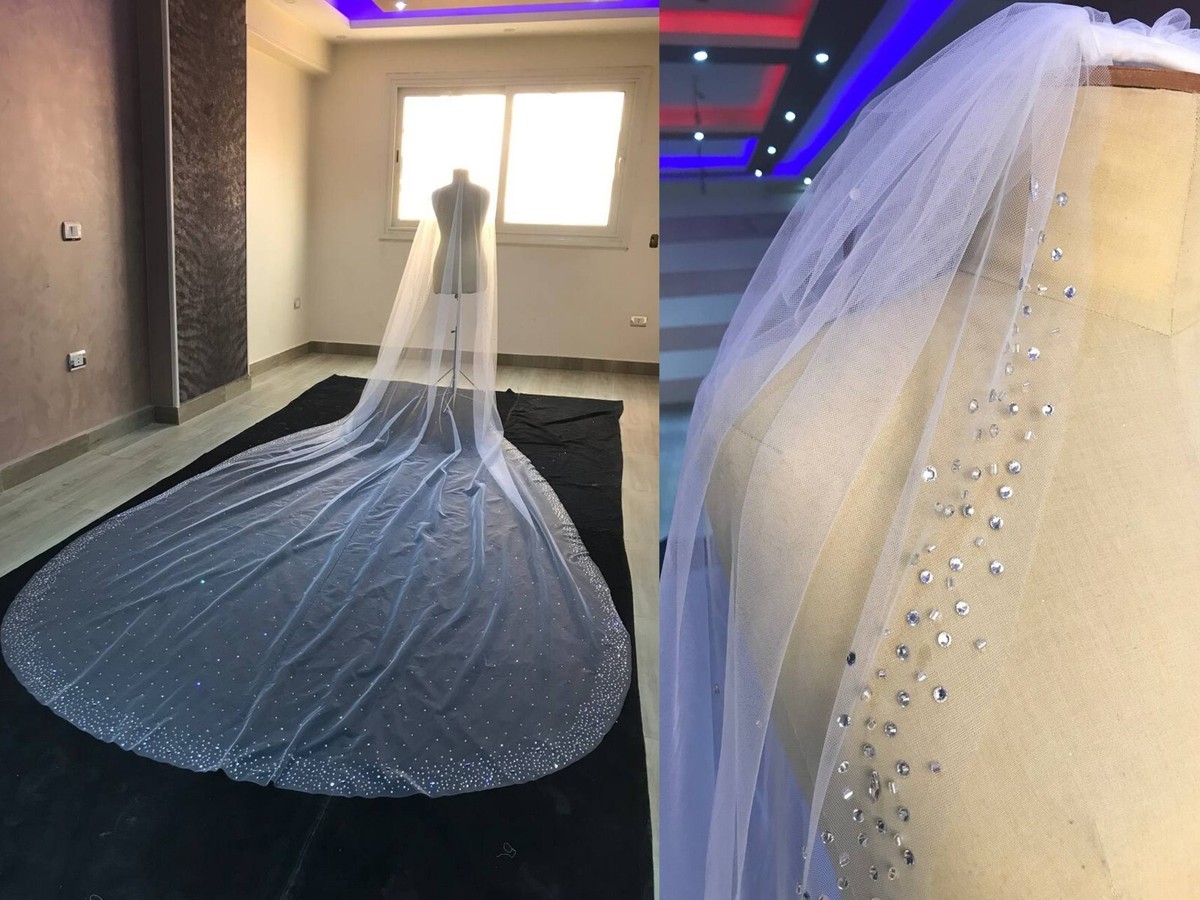 Elegant Silver Beaded cathedral veil Pearled Wedding Veil 1 Layer Royal Cathedral Bridal Veil  main image 3