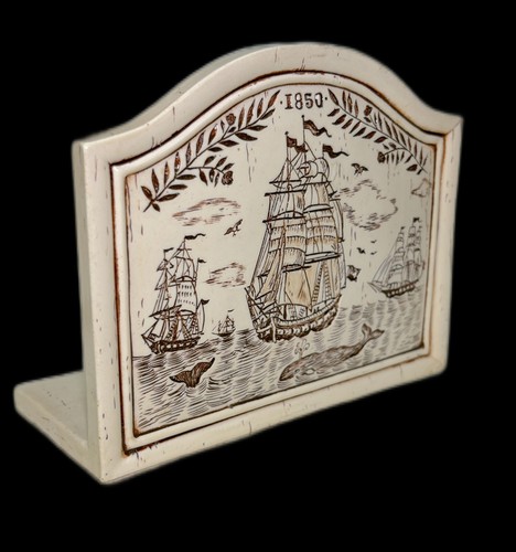 Resin Napkin Letter Holder Faux Scrimshaw 1850 Clipper Sailing Ship Whale - Picture 2 of 5