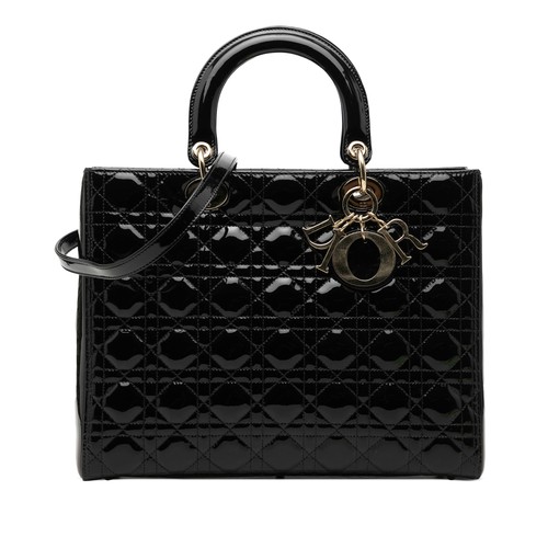 Dior Large Patent Cannage Lady Pre-Loved Satchel Black