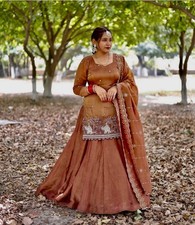 Classic Look Simmer Silk Brown Top Lehenga With Dupatta For Indian Wedding Wear