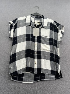 Thread & Supply Shirt Womens XS Navy Black Plaid Short Sleeve Button Front Top