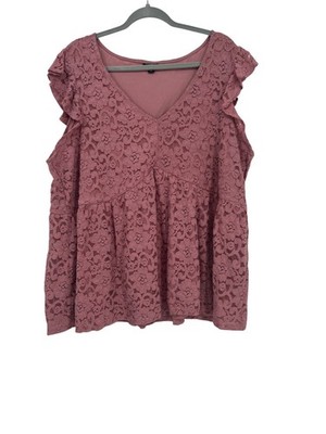 Torrid Women's Top 3 Mauve lace cap ruffle sleeve V-Neck lined cotton/nylon