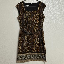 London Times Leopard Print Sheath Dress Square Neck Cap Sleeve Belted Sz 10