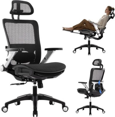 Schwarzer COLAMY Ergonomischer Bürostuhl, Netz Schreibtischstuhl Lordosenstütze, Fußstütze 4D