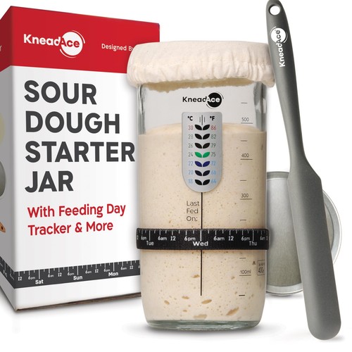 Sourdough Starter Jar With Date Marked Feeding Band, Thermometer, Sourdough J...