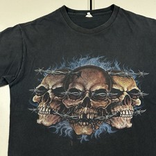 y2k Skull Blue Flames Graphic Shirt JNCO Style Size Medium Goth Grunge Skate Emo