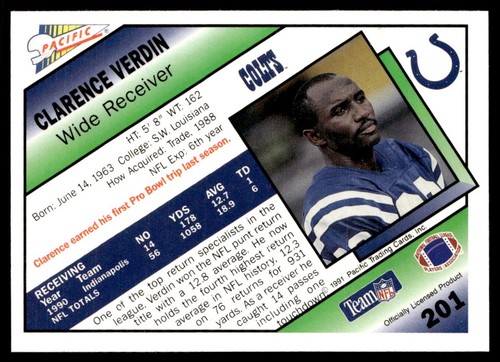 1991 Pacific Clarence Verdin Indianapolis Colts #201 - Foto 2 di 2