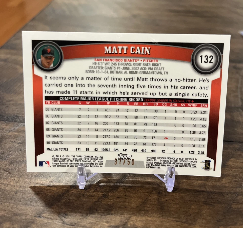 Matt Cain Gold Refractor 2011 Topps Chrome/50 Giants Foto 3 de 3