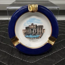 Vintage Gilded Ceramic 3 Slot Ashtray Fontana di Trevi Roma OTCO Italy