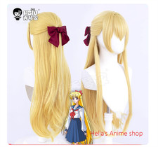 Sailor Moon Sailor Venus V Aino Minako Gold Long Hairpieces Bowtie Wig Cosplay