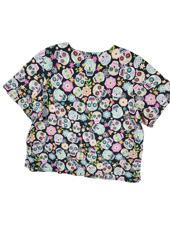 Tafford Stretch Sugar Skull Scrub Top Womens V Neck Size 2x Patterned Nurse - Image 2 of 4