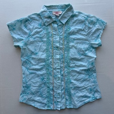 Woven Works Couture for Kids Light Aqua Cotton Embroidered Floral Shirt Girls 16