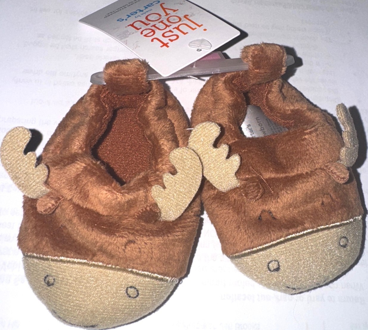 CARTERS Just One You plush slippers tan/brown MOOSE motif size NEWBORN