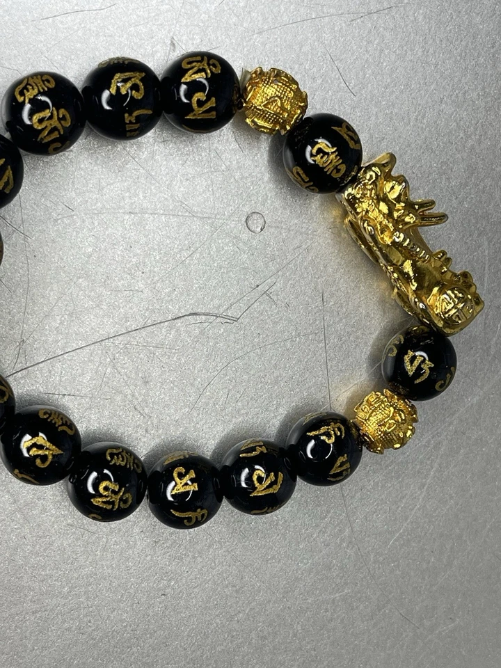 Pulseira Lucky Fortune Obsidiana Preta e Dourada Pixiu Conta de Acento de Dragão - Imagem 4 de 4